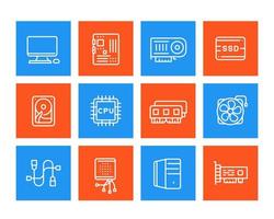 computer components icons set, motherboard, processor, RAM, HDD, SSD, video card vector