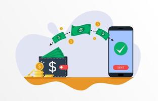 aplicación de billetera digital móvil o transferencia de fondos en línea, concepto de retiro de dinero. teléfono inteligente plano con marca de verificación en la pantalla vector