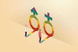 Men and women look at the reflections of gender symbols and transgender men. vector