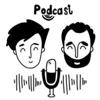 concepto de boceto de podcast. podcaster y el invitado en el estudio habla en el micrófono. ilustración vectorial en estilo doodle dibujado a mano. dibujo lineal vector