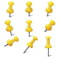 Set of realistic push pins in yellow color. Thumbtacks vector