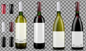 botellas de vino tinto y blanco. gorras o mangas, cerrando el tapón. vector