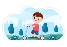 Ilustración plana de vector de scooter. Las personas que andan en bicicleta, practican deportes y realizan actividades recreativas al aire libre en la carretera del parque o en la autopista llevan un estilo de vida saludable.