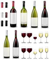 Red and white wine bottles and glasses. Realistic mockup vector