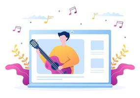 tutoriales en video con niños que aprenden a tocar y ver lecciones de música en línea sobre tocar la guitarra en Internet para carteles o pancartas web. ilustración vectorial de fondo vector