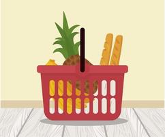 Cesta de la compra con plátanos, piña y pan. vector