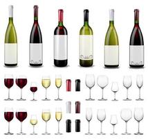 Full and empty wine glasses. Red and white wine bottles. vector