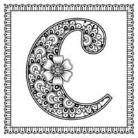 letra c hecha de flores en estilo mehndi. página de libro para colorear. Ilustración de vector de dibujo a mano de contorno.