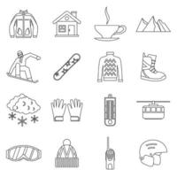 Snowboarding icons set, outline style. vector