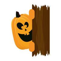 halloween orange pumpkin face with wooden board vector