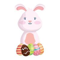 cute easter little rabbit with eggs painted character vector