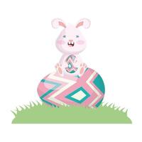 cute easter little rabbit seated in egg painted grass scene vector