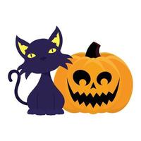 halloween pumpkin face with black cat vector
