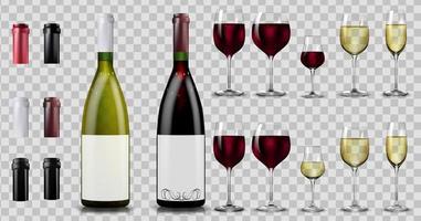 Red and white wine bottles and glasses. Realistic mockup vector