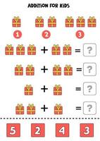 Addition worksheet with cartoon Christmas present. Math game. vector