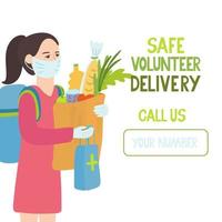 Safe volunteer delivery. Lettering and Illustration of a young woman with a backpack, a medicine bag and a package full of food vector