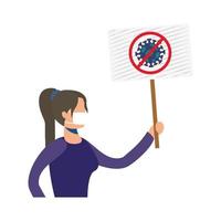woman wearing medical mask with stop covid19 protest banner character vector