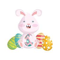 cute easter rabbit with eggs painted character vector