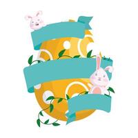 cute easter little rabbits with ribbon frame characters vector