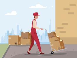 Man with boxes on cart vector