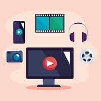 computadora con iconos de video vector