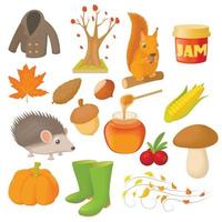 iconos de otoño en estilo de dibujos animados vector