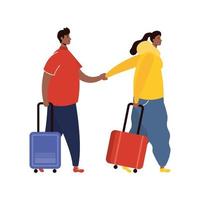 pareja interracial viajeros con maletas avatares personajes vector