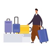 young man casual with suitcases in transport band vector