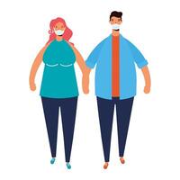 young couple wearing medical masks walking characters vector