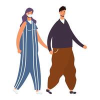 young couple wearing medical masks walking characters vector