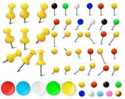 varios marcadores de colores, tachuelas de mapa y alfileres vector