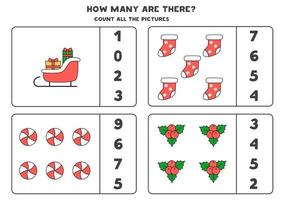 Counting game with Christmas elements. Educational worksheet. vector