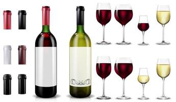 Red and white wine bottles and glasses. Realistic mockup vector