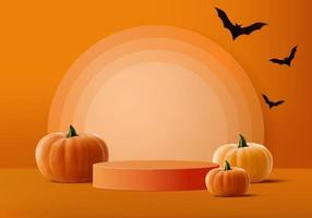 Halloween minimal scene 3d with podium platform. Halloween background vector 3d rendering with pumpkin podium. stand to show products. Stage Showcase on pedestal orange pumpkin