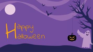 Happy Halloween ghost scary purple background, banner or party background with bats and pumpkin. vector