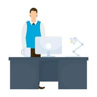 businessman worker with desk and desktop in workplace vector