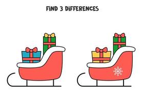 Find 3 differences between two cartoon Santa sledges. vector