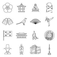 South Korea icons set, outline style vector