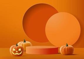 Halloween minimal scene 3d with podium platform. Halloween background vector 3d rendering with pumpkin podium. stand to show products. Stage Showcase on pedestal orange pumpkin