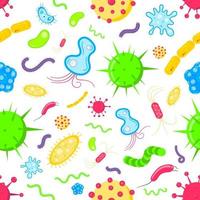 Microorganismos bacterianos, gérmenes y virus coloridos patrones sin fisuras. virus, infecciones coloridas, objetos de enfermedades de microorganismos, ilustración de vector de diseño de estilo plano de vector de cáncer de célula en blanco.