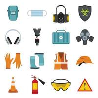 Safety icons set, flat style vector