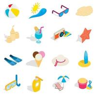 Beach icons set, isometric 3d style vector