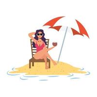 Mujer joven relajándose en la playa sentado en una silla y sombrilla vector