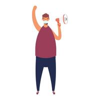 man wearing medical mask protesting with megaphone vector