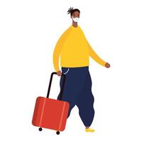 afro young man wearing medical mask with suitcase vector