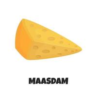 Vector Realistic Illustration of Triangular Piece of Maasdam Cheese Isolated on White Background. Concept Design of Porous Yellow Slice of Edam or Maasdam. Swiss Traditional Cheese in Flat Style