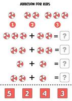 Addition worksheet with cartoon Christmas candy. Math game. vector