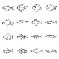 Cute fish icons set, outline style vector