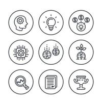 startup line icons on white, creative process, idea, initial capital, funding, innovation, ipo, growth, analytics vector