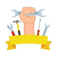 hand with wrench key and tools frame vector